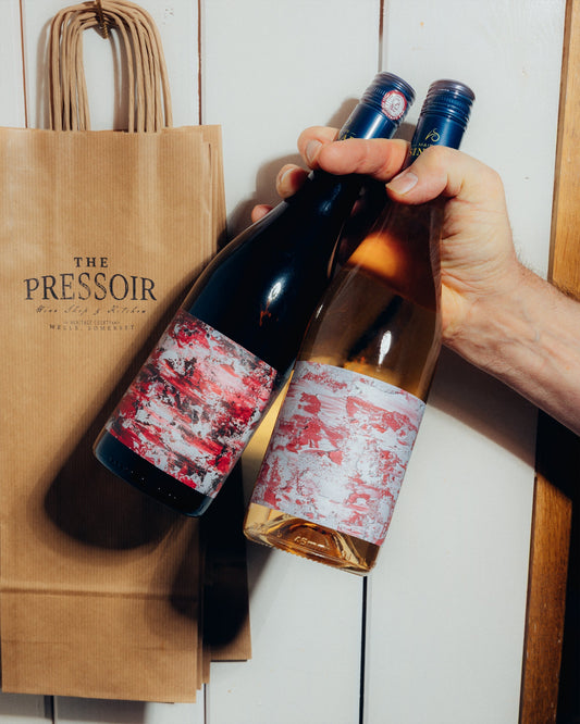 The Pressoir's new house wines, with labels hand painted by David Schroetter