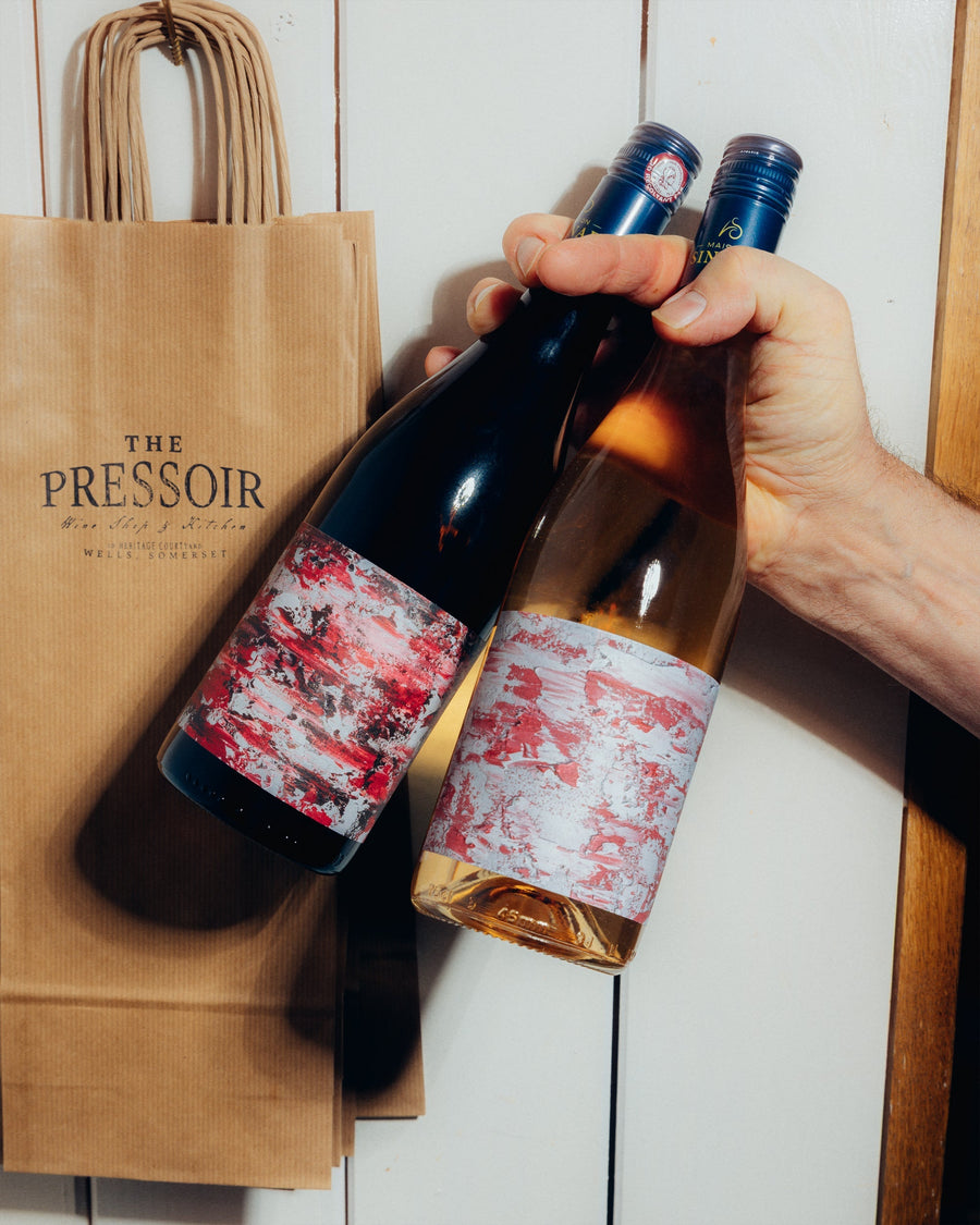 The Pressoir's new house wines, with labels hand painted by David Schroetter